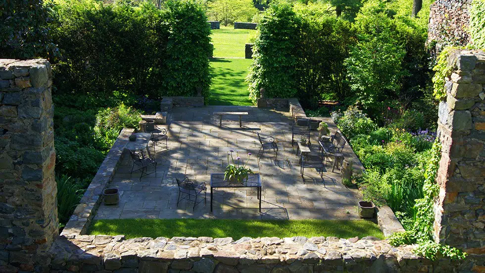 View of terrace from top of stone wall